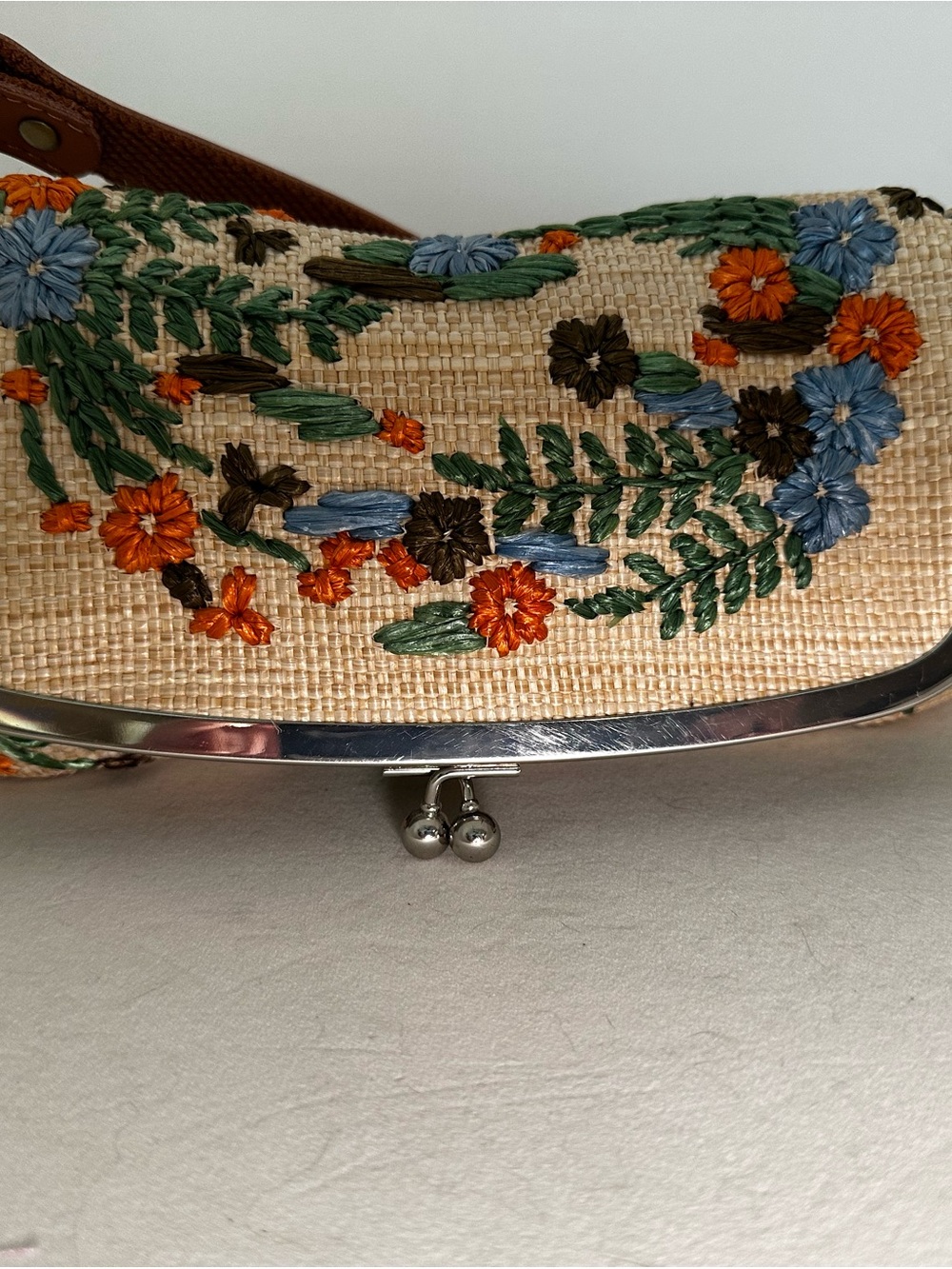 Embroidered Straw Floral Frame Clutch - Natural with Orange & Blue Flowers
